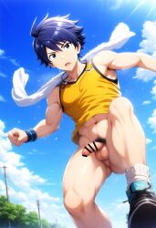 1boy abs ai_generated blue_hair bottomless hatopo005 idolmaster idolmaster_side-m male_focus male_only muscle penis solo_focus sweat taiga_takeru tank_top