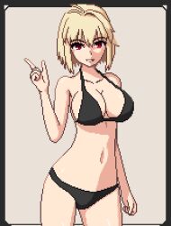 ahoge alternate_version_available arcueid_brunestud big_breasts bikini black_bikini blonde_hair breasts color female full_body huge_breasts legs looking_at_viewer melty_blood navel pixel_art posing red_eyes resting seiko093 smile top_heavy tsukihime type-moon vampire vampire_girl