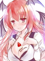 black_bra black_vest blush bra collarbone commentary_request demon_wings female food fruit hair_between_eyes hands_on_own_chest happy_birthday head_wings juliet_sleeves koakuma long_hair long_sleeves looking_at_viewer natsuki_(ukiwakudasai) puffy_sleeves red_eyes red_hair shirt simple_background sketch smile solo strawberry touhou underwear upper_body vest whipped_cream white_background white_shirt wing_collar wings