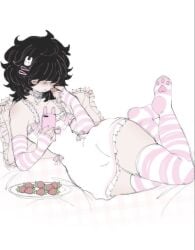 black_hair blush cat_thighighs eating femboy hair_covering_eyes phone_in_hand pillow pink_collar pink_dress qtsin strawberries unknown_character