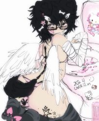 alfie_(knwives) angel_wings arm_bandages back_tattoo black_hair cat_socks dog_ears dog_tail drug_use fat_ass femboy hair_pin knwives looking_back male male_only monster_energy_can on_knees pink_thong thick_thighs thigh_tattoo thighhighs tired_eyes toilet