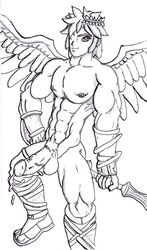 1boy angel angel_wings cum cumming k3rry kid_icarus male male_only monochrome nude pit_(kid_icarus) short_hair solo sword testicles weapon wings