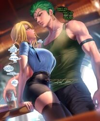 1boy 1girls against_table arm_support black_pants black_thighhighs blonde_hair blue_eyes blush breasts buttons collared_shirt curly_eyebrows drink earrings english_text female female_focus food genderswap_(mtf) green_hair green_tank_top hair_over_one_eye jewelry large_breasts lips looking_at_another male medium_hair muscular muscular_male necktie one_piece open_mouth pants roronoa_zoro rule_63 sakimichan shirt short_hair shorts speech_bubble straight sweatdrop tank_top text thick_thighs thighhighs thighs underwear veins vinsmoke_sanji zettai_ryouiki