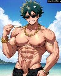 1boy abs ai_generated balls ballsack beach biceps big_balls big_penis big_testicles blush boku_no_hero_academia bracelet buff bulge chest clouds cock deku dick erect erect_penis erection gold gold_(metal) gold_bracelet gold_chain gold_jewelry gold_necklace green_hair happy huge_cock huge_testicles izuku_midoriya jewerly large_penis large_testicles long_penis male male_focus male_only muscle muscle_tone muscles muscular muscular_arms muscular_legs muscular_male muscular_thighs my_hero_academia naked naked_male neck_chain necklace nipples no_clothes no_clothing nude nude_male nudity ocean pecs penis sea seaside shorts six_pack sky solo solo_focus solo_male strong sunglasses sweat sweatdrop sweating sweaty sweaty_body testicles thick_penis vanilladuck water