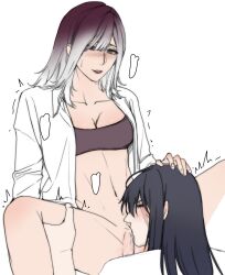 2girls black_hair bottomless cunnilingus female female_only hand_on_head lesbian_sex lezissmit licking_pussy multiple_girls oral oral_sex path_to_nowhere purple_hair rahu_(path_to_nowhere) scar_across_eye shalom_(path_to_nowhere) unbuttoned_shirt yuri