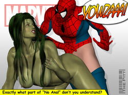 1boy 1girls 3d angry dialogue doggy_style english_text female funny green-skinned_female green_hair green_skin hulk_(series) male marvel marvel_comics nude_female sex she-hulk speech_bubble spider-man spider-man_(series) straight text the_pitt