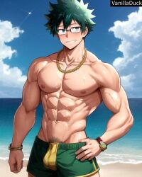 1boy abs ai_generated beach biceps blush boku_no_hero_academia bracelet buff bulge chest clouds deku glasses gold gold_(metal) gold_bracelet gold_chain gold_jewelry gold_necklace green_hair happy izuku_midoriya jewerly male male_only muscle muscle_tone muscles muscular muscular_arms muscular_legs muscular_male muscular_thighs my_hero_academia neck_chain necklace nipples ocean pecs sea seaside shorts six_pack sky solo solo_focus solo_male strong sweat sweatdrop sweating sweaty sweaty_body vanilladuck water