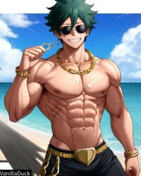 1boy abs ai_generated beach biceps blush boku_no_hero_academia bracelet buff bulge chest clouds deku gold gold_(metal) gold_bracelet gold_chain gold_jewelry gold_necklace green_hair happy izuku_midoriya jewerly male male_only muscle muscle_tone muscles muscular muscular_arms muscular_legs muscular_male muscular_thighs my_hero_academia neck_chain necklace nipples ocean pecs sea seaside shorts six_pack sky solo solo_focus solo_male strong sweat sweatdrop sweating sweaty sweaty_body vanilladuck water