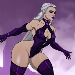 ai_generated blueblaster69 breasts cleavage curvy curvy_female female female_only goth goth_girl hourglass_figure leotard long_hair milf mortal_kombat mortal_kombat_11 netherrealm_studios nipple_bulge sindel thick_thighs white_eyes white_hair wide_hips