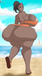 1girls beach big_areola big_ass big_breasts big_butt big_nipples black_hair blue_eyes dark-skinned_female female_focus female_only giant_ass green_eyes huge_ass huge_breasts human_characters_in_pokémon looking_at_viewer looking_back nipples_visible_through_clothing pokemon sima_(pokemon) solo solo_female ultiblackfire