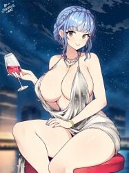 1girls alternate_costume bare_legs bare_thighs blue_hair bracelet braid breasts brown_eyes cityscape closed_mouth commission cosplay crown_braid cup dress drinking_glass earrings feet_out_of_frame female female_only fingernails fire_emblem fire_emblem:_three_houses highres holding holding_cup jarckius jewelry large_breasts light_blush looking_at_viewer marianne_von_edmund necklace night night_sky nintendo revealing_clothes short_dress sidelocks silver_dress sitting sky smile solo st._louis_(azur_lane) st._louis_(azur_lane)_(cosplay) st._louis_(luxurious_wheels)_(azur_lane) thick_thighs thighs wine_glass