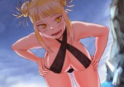 1girls bare_shoulders big_breasts bikini blonde_hair double_bun fangs hands_on_hips himiko_toga lemonbizate_(artist) looking_at_viewer messy_hair my_hero_academia pov water wide_hips yellow_eyes