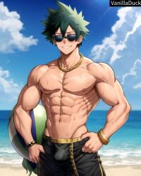 1boy abs ai_generated beach biceps blush boku_no_hero_academia bracelet buff bulge chest clouds deku gold gold_(metal) gold_bracelet gold_chain gold_jewelry gold_necklace green_hair happy izuku_midoriya jewerly male male_only muscle muscle_tone muscles muscular muscular_arms muscular_legs muscular_male muscular_thighs my_hero_academia neck_chain necklace nipples ocean pecs sea seaside shorts six_pack sky solo solo_focus solo_male strong sweat sweatdrop sweating sweaty sweaty_body vanilladuck water