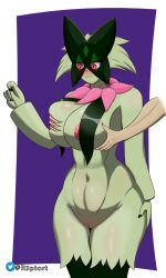 ambiguous_gender anthro areola big_breasts blush blushing breast_curtains breast_grab breast_play breasts cute cute_face duo felid female fur generation_9_pokemon green_body hand_on_breast hi_res holding_breast mammal meowscarada nintendo nipples pink_areola pink_nipples pokemon pokemon_(species) r3ptart