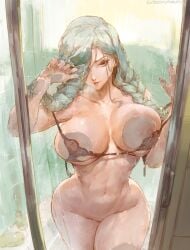 1girls 2d absurd_res against_glass artist_name bra breasts breasts_against_glass cutesexyrobutts female hi_res huge_breasts jujutsu_kaisen light-skinned_female light_skin long_hair looking_at_viewer massive_breasts mei_mei_(jujutsu_kaisen) naughty_face nude pale-skinned_female pale_skin solo voluptuous watermark white_hair