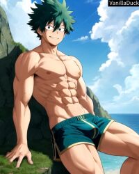 1boy abs ai_generated beach biceps blush boku_no_hero_academia buff bulge chest clouds deku green_hair happy izuku_midoriya male male_only muscle muscle_tone muscles muscular muscular_arms muscular_legs muscular_male muscular_thighs my_hero_academia nipples ocean pecs sea seaside shorts six_pack sky solo solo_focus solo_male strong sweat sweatdrop sweating sweaty sweaty_body vanilladuck water