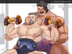 2boys accidental_erection bara beard bulge duo erection facial_hair gay geckobara gym male male_focus male_only mr._saguaro muscles muscular muscular_male mustache pecs pokemon pokemon_sv professor_turo sweat tagme underwear weightlifting weights