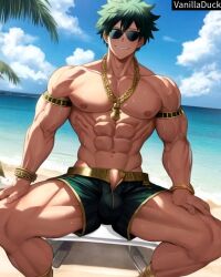 1boy abs ai_generated beach biceps blush boku_no_hero_academia bracelet buff bulge chest clouds deku gold gold_(metal) gold_bracelet gold_chain gold_jewelry gold_necklace green_hair happy izuku_midoriya jewerly male male_only muscle muscle_tone muscles muscular muscular_arms muscular_legs muscular_male muscular_thighs my_hero_academia neck_chain necklace nipples ocean pecs sea seaside shorts six_pack sky solo solo_focus solo_male strong sweat sweatdrop sweating sweaty sweaty_body vanilladuck water