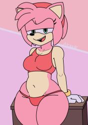 1girls alcazar0706 amy_rose bracelet crop_top drawer female furry gloves green_eyes huge_hips huge_thighs looking_at_viewer naughty_face navel panties sega sonic_(series) sonic_the_hedgehog_(series) thong