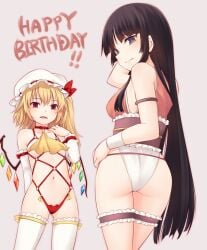 2girls alternate_costume arm_up armlet ascot ass bare_arms bare_shoulders black_eyes black_hair blonde_hair blush bow breasts bridal_garter choker collarbone commentary_request cowboy_shot crystal detached_sleeves flandre_scarlet gluteal_fold grey_background hair_between_eyes hand_up happy_birthday harness hat hat_bow highres houraisan_kaguya kaguya_houraisan leotard light_smile long_hair looking_at_viewer medium_breasts miyo_(ranthath) mob_cap multiple_girls navel o-ring obi one_side_up open_mouth outline panties pink_outline purple_sash red_bow red_choker red_eyes red_leotard revealing_clothes ribbon sash sidelocks simple_background sleeveless small_breasts standing stomach thighhighs thighs touhou underwear very_long_hair white_headwear white_legwear white_panties wings wristband yellow_ascot yellow_ribbon