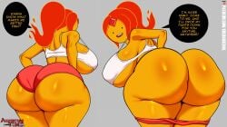 adventure_time ass boing booty_shorts bubble_ass bubble_butt cheating coldarsenal crop_top dialogue exhibitionism finn_the_human fire fire_girl flame_girl flame_princess flirting flirting_with_viewer huge_ass huge_breasts kinky orange_hair orange_skin phat_ass simple_eyes squish squished_breasts wobble