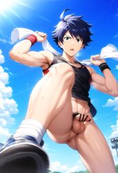 1boy abs ai_generated blue_hair bottomless hatopo005 idolmaster idolmaster_side-m male_focus male_only muscle penis solo_focus sweat taiga_takeru tank_top