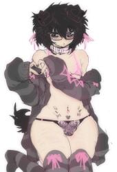 alfie_(knwives) black_eyes black_fingernails black_hair black_thong dog_ears dog_tail femboy finger_heart grey_hoodie heart_symbol knwives on_knees pink_bikini_top pink_collar stickers_on_body thick_thighs thighhighs