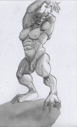 abs absurd_res anthro armor balls bandai_namco barazoku biceps bodily_fluids claws digimon digimon_(species) feet finger_claws genitals headgear helmet hi_res male muscular muscular_anthro muscular_male nipples penis pinumontbalou solo sweat toe_claws traditional_media_(artwork) vein veiny_penis wargreymon