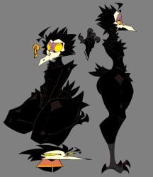 anthro avian_feet bandaid_on_nose belly_fluff black_feathers black_fur character_sheet chest_fluff crotch_tuft crow fat_ass furry hands_in_crotch hands_in_lap hip_tuft on_knees question_mark small_tail standing talons thick_thighs v_(xexeezy) white_beak wide_hips xexeezy yellow_eyes
