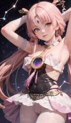 1girls ai_generated armpits bare_shoulders blush cameltoe constellation cortezian_generations dress female forehead_jewel fu_xuan_(honkai:_star_rail) gloves gold_eyes hair_ornament hairbow hi_res honkai:_star_rail honkai_(series) leash long_hair low_twintails night_sky patreon petite pink_hair small_breasts smile solo stars stockings tassel thick_thighs thighs twintails young