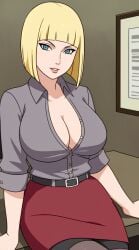 1girls ai_generated alternate_costume arm_support bare_chest belt big_breasts blonde_hair blue_eyes blunt_bangs bob_cut breasts busty center_opening cleavage cleavage_overflow clothing costemania desk female female_only formal formal_clothes huge_breasts large_breasts light-skinned_female light_skin lipstick looking_at_viewer makeup mature mature_female mature_woman nai_diffusion naruto naruto_(series) naruto_shippuden no_bra no_bra_under_clothes novelai office office_lady on_desk oppai parted_lips sagging_breasts samui shirt sitting sitting_on_desk skirt sleeves_rolled_up smile solo solo_focus stable_diffusion stockings unbuttoned unbuttoned_shirt voluptuous voluptuous_female wide_hips