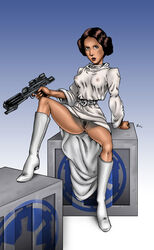 1990s 1999 20th_century a_new_hope boots bottomless erect_nipples female female_only gun miravi no_panties presenting presenting_pussy princess_leia_organa pubic_hair pussy solo star_wars tagme vulva white_boots