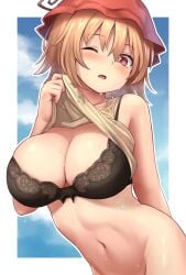 absurdres aki_minoriko black_bra bottomless bra commentary_request female hair_between_eyes hat highres looking_at_viewer minoriko_aki navel one_eye_closed red_eyes red_headwear revision shiratsuki_shiori short_hair solo sweat touhou underwear