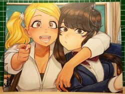 2girls :d arm_around_shoulder blazer blonde_hair blush breasts brown_eyes brown_hair chalkboard classroom cleavage collarbone cutting_mat dark-skinned_female dark_skin female fingernails gyaru heads_together indoors jacket komi-san_wa_komyushou_desu komi_shouko long_fingernails looking_at_viewer manbagi_rumiko marker_(medium) medium_breasts multiple_girls omar_dogan open_mouth photo_(medium) pointing sanpaku school_uniform shirt signature smile tan traditional_media white_shirt