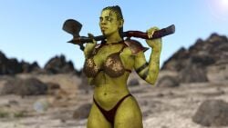 1girls 3d axe bikini black_hair green_skin green_skinned_female ironclawroo orc orc_female original weapon