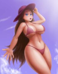 1female alternate_version_available arm_up bikini blue_eyes breast_grab brown_eyebrows brown_hair cleavage clothing female female_only hand_on_hat legs_crossed light-skinned_female long_hair looking_at_viewer mario_(series) pauline pink_lipstick purple_eyeshadow red_bikini saf-404 safartwoks safartworks sun super_mario_odyssey thick_thighs