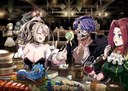 1boy 3girls :o ^_^ bare_shoulders black_choker blonde_hair blue_hair breasts character_request check_character choker cleavage closed_eyes commentary_request cup drinking_glass facing_another food fork hair_intakes holding holding_fork jaian large_breasts long_hair lorraine_vivie mug multiple_girls nozomanu_fushi_no_boukensha off_shoulder official_art open_mouth ponytail purple_eyes red_eyes red_hair rentt_faina sheila_ibarss tavern third-party_source undead wavy_hair wine_glass