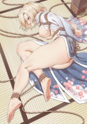 1girls ass blonde_hair blue_eyes blush bondage breasts breasts_out feet female female_only kinhasu looking_at_viewer nipples restrained soles solo toes