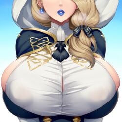 ai_generated bimbofication blonde_hair blue_lipstick breast_focus earring fire_emblem:_three_houses huge_breasts isoai mercedes_von_martritz nai_diffusion nipples_visible_through_clothing pursed_lips revolverwingstudios_(style) ribbon_in_hair solo_focus