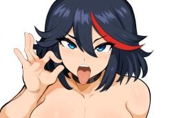 1girls ai_generated black_hair facing_viewer fellatio_gesture female inviting_to_sex kill_la_kill large_breasts looking_at_viewer matoi_ryuuko mullon novelai open_mouth red_hair solo suggestive suggestive_gesture tongue two-tone_hair