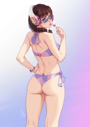 1girls ass ass_focus back bikini blue-tinted_eyewear braid brown_hair bunny d.va facepaint feguimel female from_behind headphones lollipop overwatch overwatch_2 purple-tinted_eyewear solo sunglasses tattoo thighs tinted_eyewear tongue tongue_out