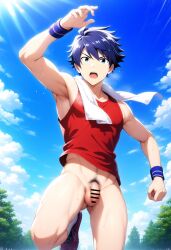 1boy abs ai_generated blue_hair bottomless hatopo005 idolmaster idolmaster_side-m male_focus male_only muscle penis solo_focus sweat taiga_takeru tank_top