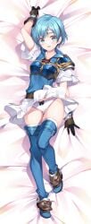 1girls armor blue_armor blue_eyes blue_hair bucchake_(asami) commission dakimakura_(medium) female female female_only fire_emblem fire_emblem:_the_binding_blade full_body highres looking_at_viewer nintendo on_bed open_mouth panties pixiv_commission pov shanna_(fire_emblem) short_hair solo underwear white_panties