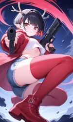 ai_generated antlers beach black_hair elf_ears eye_contact female gloves pixie_cut red red_eyes red_gloves seductive_expression short_hair smirk smug_expression stripper teasing usebackdooronly