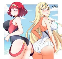 2girls ;p absurd_res absurdres alternate_costume back back_view backless_outfit bangs bare_arms bare_legs beach big_breasts big_butt black_one-piece_swimsuit black_swimsuit blonde_hair blue_sky blush blushing breasts busty butt cleavage competition_swimsuit core_crystal cowboy_shot curvy earrings facing_away female female_focus female_only from_behind gold_eyes hair_ornament hand_on_hip hi_res highleg_swimsuit highres huge_breasts huge_butt jarckius jewelry large_breasts large_butt long_hair looking_at_viewer looking_back looking_over_shoulder monolith_soft multiple_girls mythra mythra_(radiant_beach)_(xenoblade) mythra_(xenoblade) nintendo nose_blush one-piece_swimsuit one_eye_closed open_mouth outdoors outside pyra pyra_(pro_swimmer)_(xenoblade) pyra_(xenoblade) rear_view red_eyes red_hair red_swimsuit short_hair short_red_hair sideboob signature slim_waist smile smiling_at_viewer sunlight suspenders suspenders_hanging swept_bangs swimsuit tagme thick_thighs thighs tiara tongue tongue_out very_long_hair voluptuous water white_one-piece_swimsuit white_swimsuit wide_hips xenoblade_(series) xenoblade_chronicles_(series) xenoblade_chronicles_2 yellow_eyes