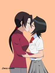 2girls black_hair bleach closed_eyes female female_only glasses hair_ornament kissing kuchiki_rukia long_hair medium_breasts medium_hair miniskirt multiple_girls ochi_misato pervert pervert_female pixiv school school_uniform sex_invitation short_hair skirt teacher teacher_and_student uniform yuri