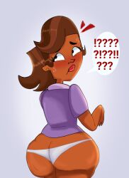 1girls ass_bigger_than_head big_ass big_butt blush blushing brown_hair clothed clothing dark_skin dona_azz embarrassed female female_only hips milf nervous only_female panties semi_nude sierra_(tdi) simple_background stretch_marks tan_body tan_skin thick_ass total_drama_island uncomfortable underwear wide_hips