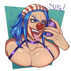 1boy blue_hair buggy_the_clown kiku_dusk113 long_hair long_hair_male male male_only muscular one_piece only_male selfie solo solo_male tongue tongue_out tongue_piercing