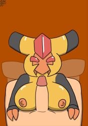 animated anthro anthro_on_human blush bodily_fluids boobjob breasts brokenrekordbro cum cum_on_breasts cum_on_face female heart hi_res honey human human_on_anthro lactating_nipples lactation light-skinned_male light_skin male medium_breasts paizuri penis pokémon_(species) pokemon tagme unusual_lactation vespiquen