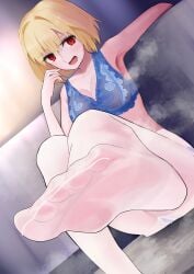 absurdres alternate_version_available arcueid_brunestud barefoot blonde_hair blush bra feet female foot_fetish foot_play highres londs983 looking_at_viewer medium_hair melty_blood open_mouth panties red_eyes soles steam tights toes tsukihime underwear